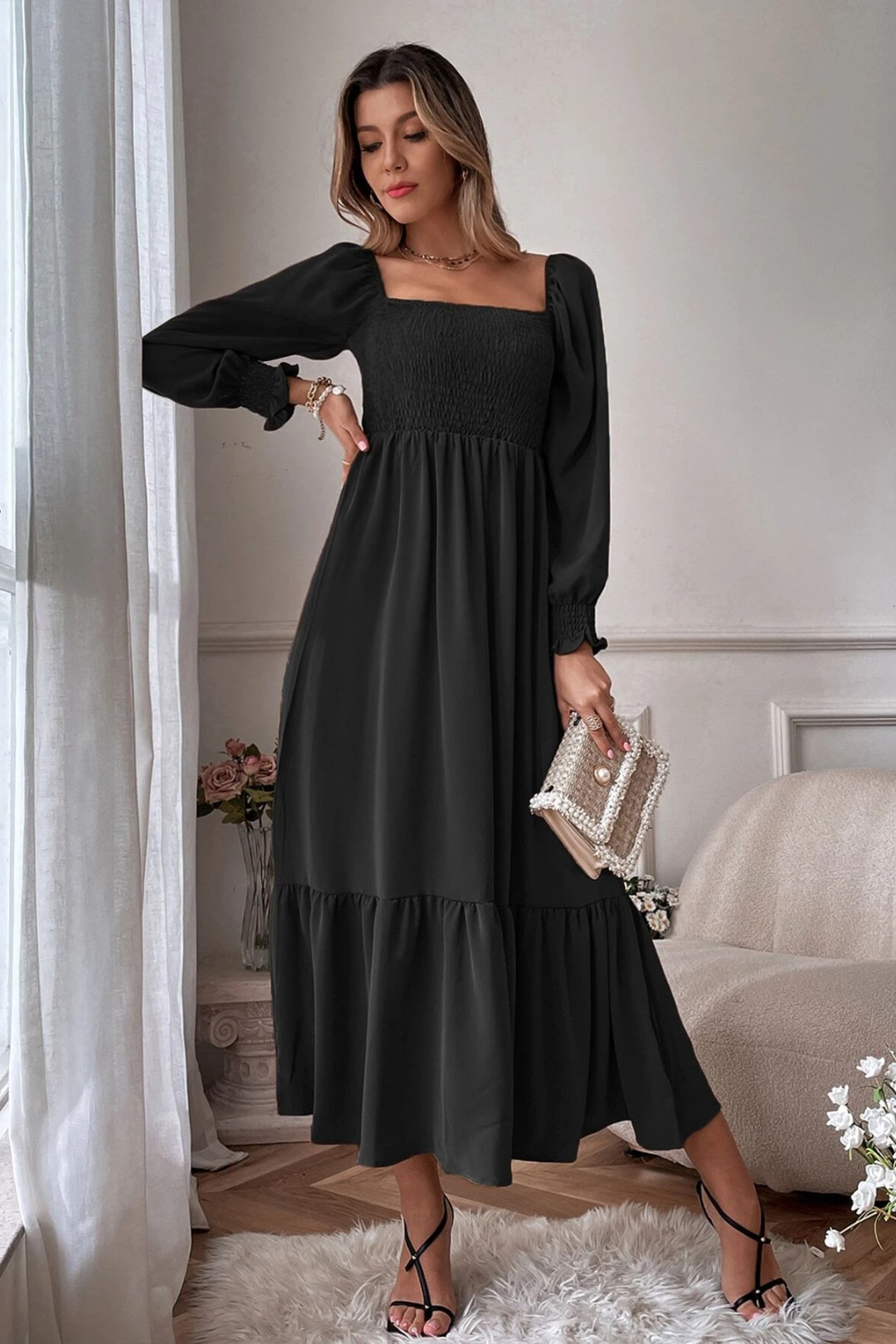 Shirred ruffle dress deals