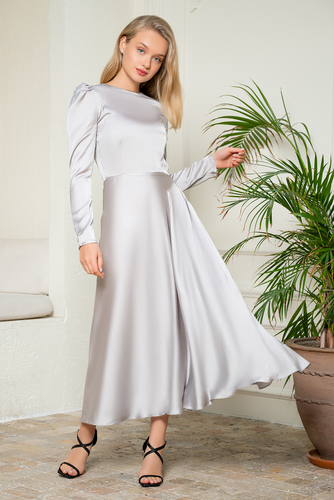Grey Plain Silk Dress Mardaz Fashion