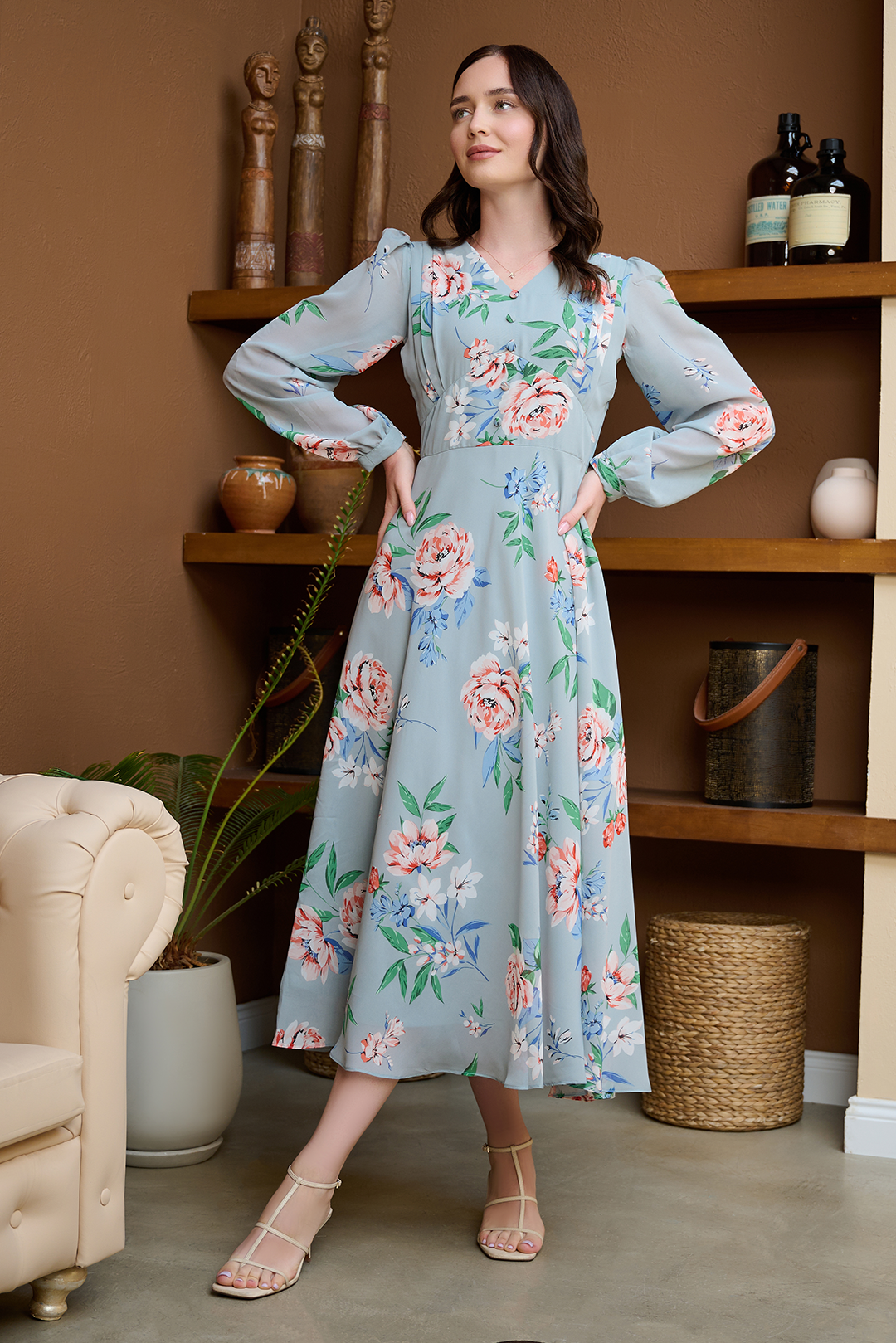 Pale Blue Floral Flared Maxi Dress – Mardaz Fashion