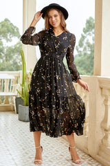 Black V Neck Long Sleeve Mixed Print Tiered Ruffle Hem Dress