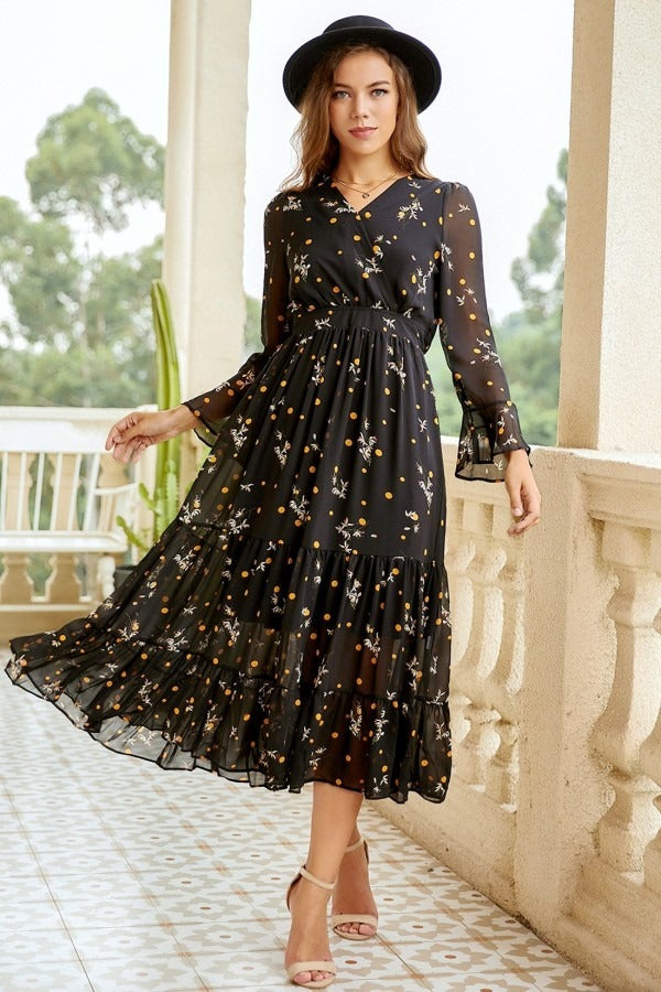 Black V Neck Long Sleeve Mixed Print Tiered Ruffle Hem Dress