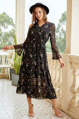 Black V Neck Long Sleeve Mixed Print Tiered Ruffle Hem Dress