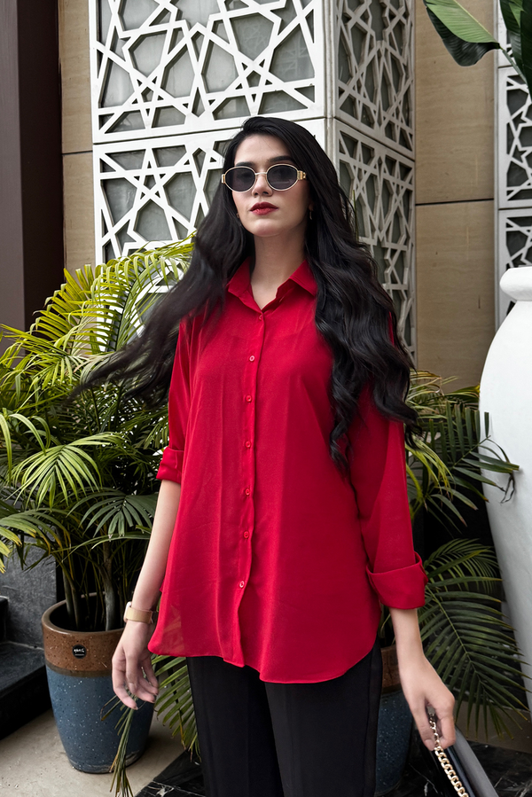 Red Sheer Button Front Shirt