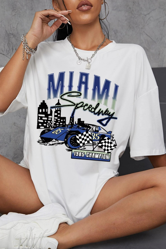 White Car And Letter Graphic Drop Shoulder Oversized Tee