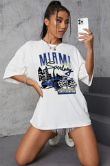 White Car And Letter Graphic Drop Shoulder Oversized Tee
