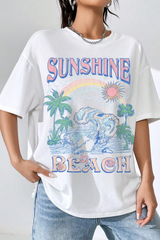 White Tropical & Letter Graphic Drop Shoulder Oversized Tee