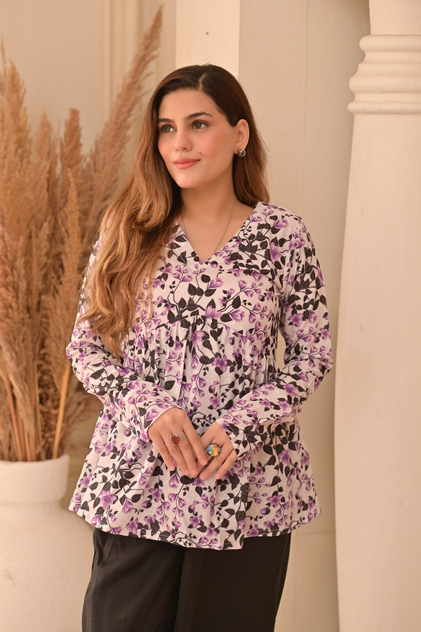 Floral Printed Poly Cambric Top – Full Sleeves | Mardaz Fashion