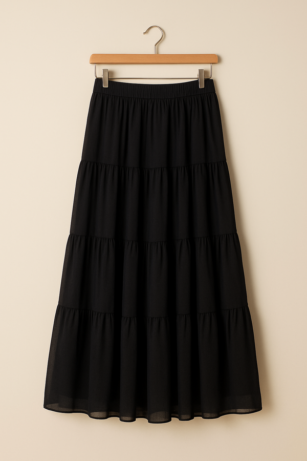 Black Chiffon Tiered Maxi Skirt with Inner Lining