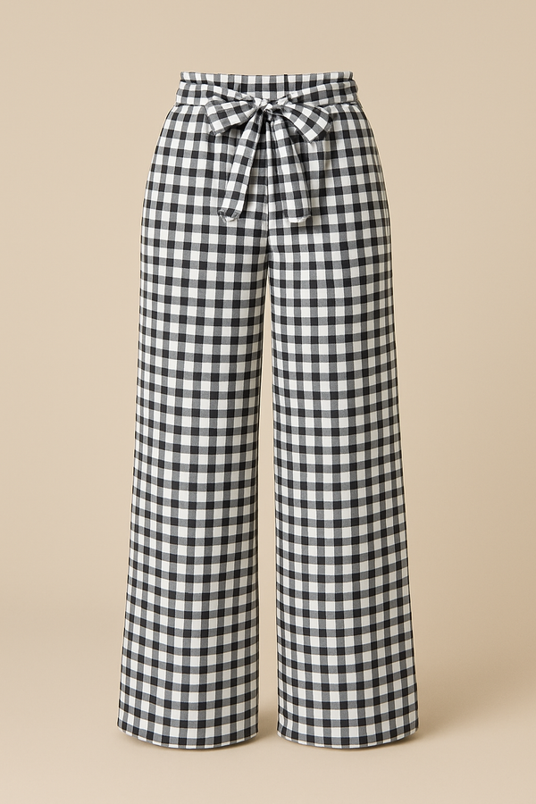 Black and White Checkered Wide-Leg Trouser with Belt