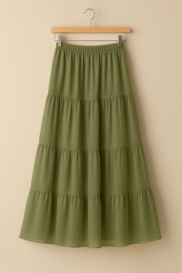 Muted Olive Tiered Chiffon Skirt with Lining
