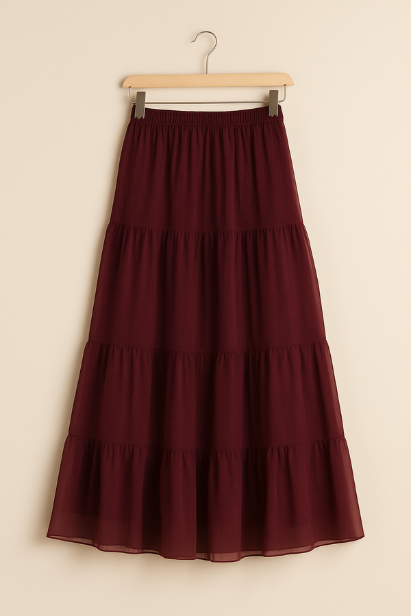 Maroon Tiered Chiffon Skirt with Lining