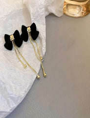 Black Flocked Bowknot Tassel Design Elegant Dangle Earrings
