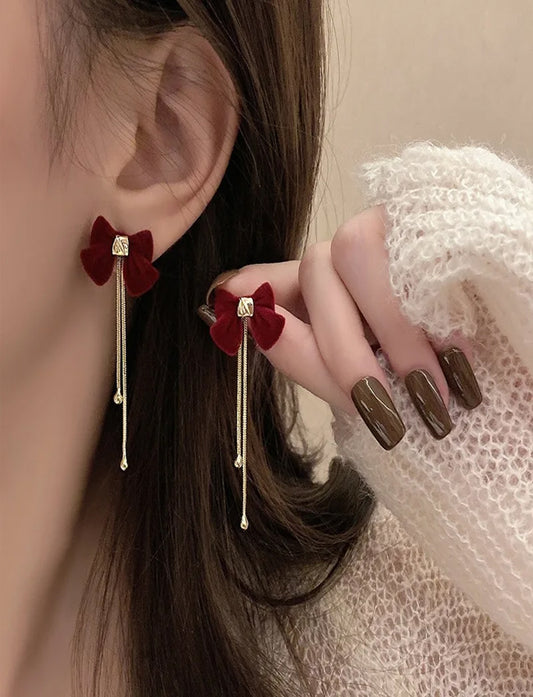 Red Flocked Bowknot Tassel Design Elegant Dangle Earrings