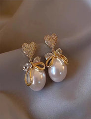 Love Heart Bowknot Pearl Earrings for Women