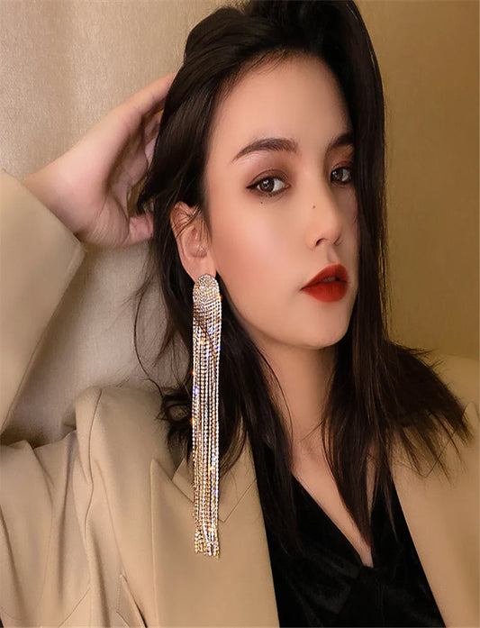 Golden Long Tassel Full Rhinestone Drop Earrings For Women Ovsize Crystal Dangle Earrings Fashion Jewelry Accessories (Copy)