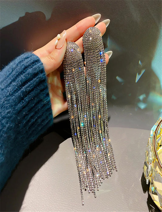 Silver Long Tassel Full Rhinestone Drop Earrings For Women Ovsize Crystal Dangle Earrings Fashion Jewelry Accessories