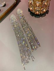 Silver Long Tassel Full Rhinestone Drop Earrings For Women Ovsize Crystal Dangle Earrings Fashion Jewelry Accessories