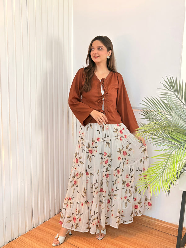 White Floral Printed Tiered Chiffon Skirt with Lining