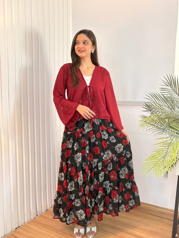 Black Floral Printed Tiered Chiffon Skirt with Lining