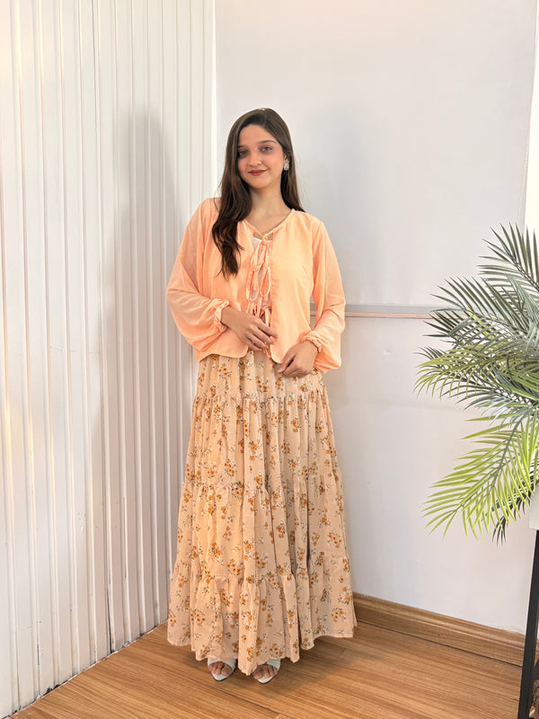 Beige Floral Printed Tiered Chiffon Skirt with Lining