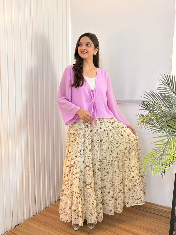 Cream Floral Printed Tiered Chiffon Skirt with Lining