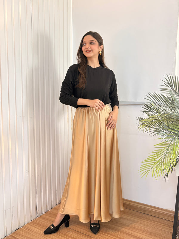 Beige Plain Silk Skirt