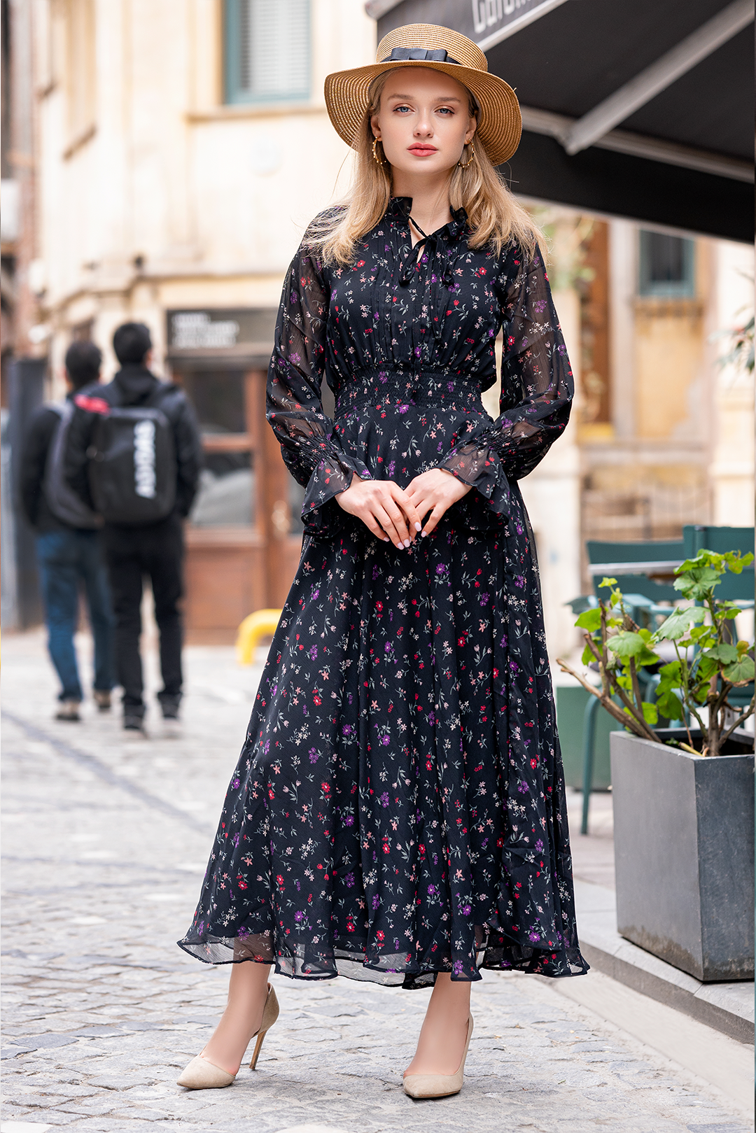 Ruffled Flare Sleeve High Waist Elastic Chiffon Dresses