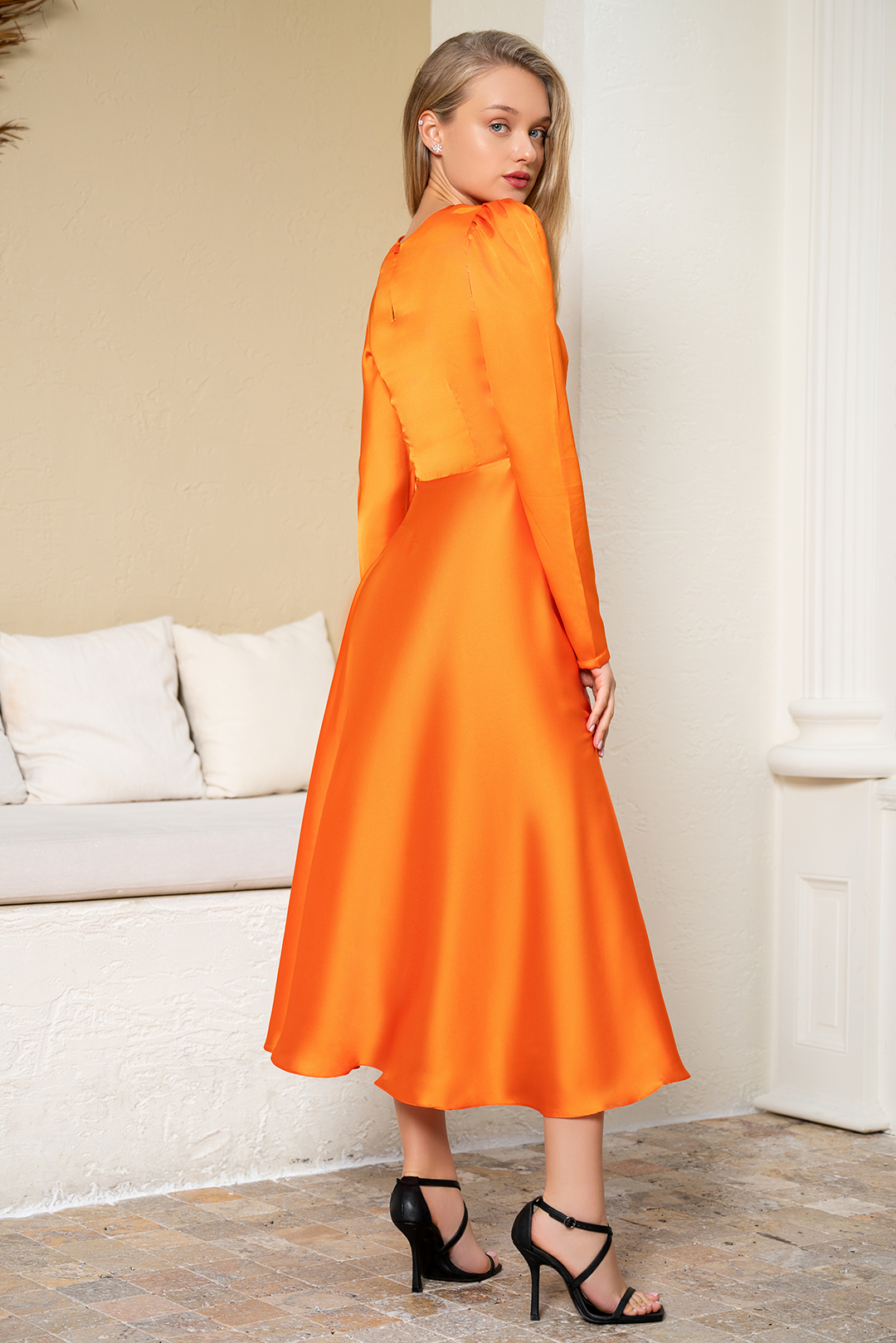 Orange Plain Silk Dress