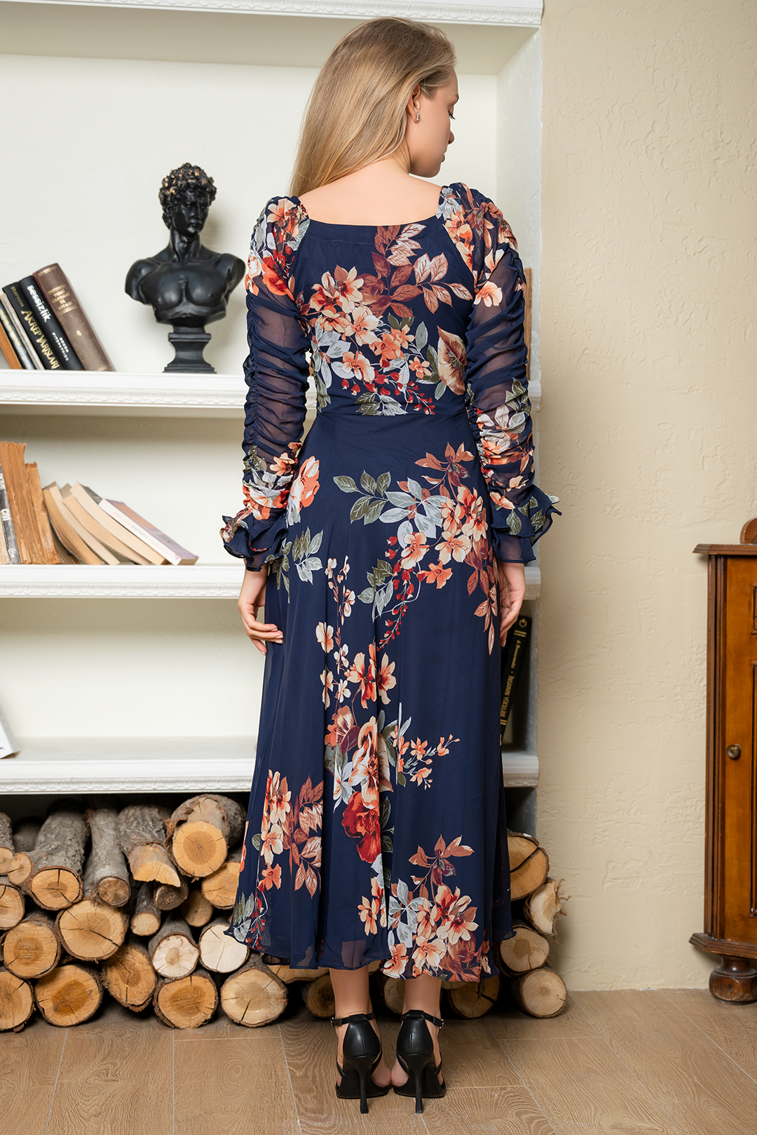 Blue Chiffon Printed Long Maxi Dress