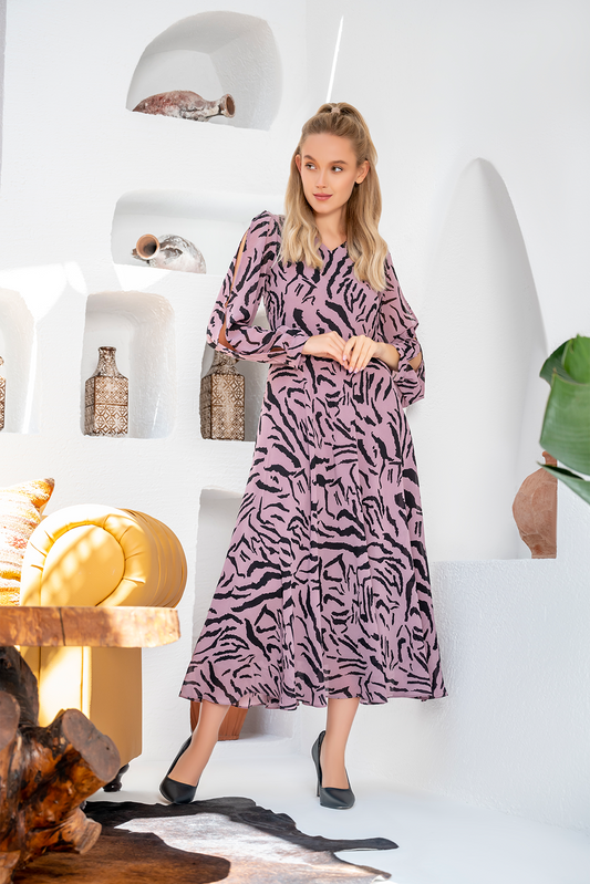 Purple Chiffon Printed Long Maxi Dress