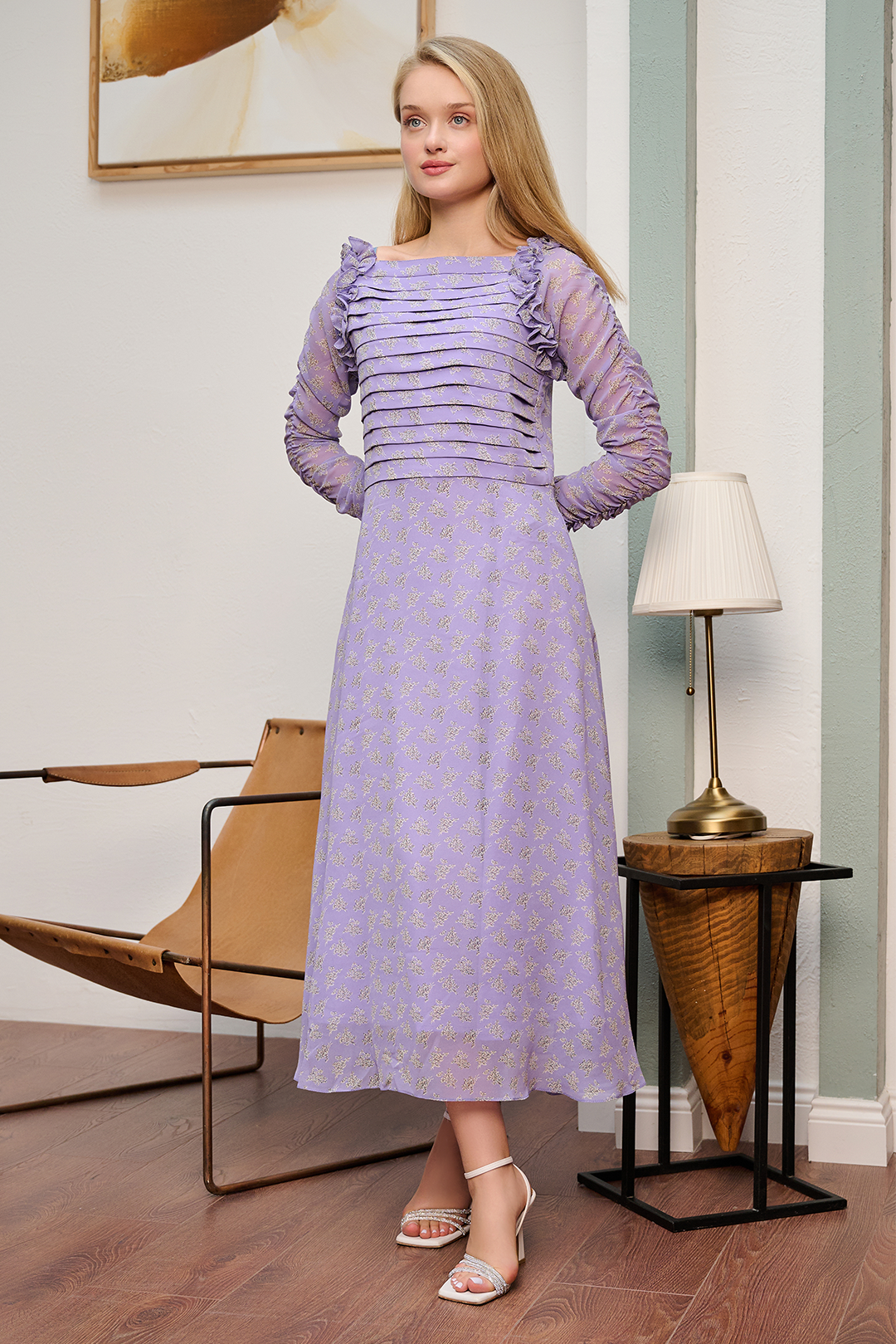 Purple Pleated Chiffon Maxi Dress
