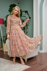 Pink Rose Floral Printed Chiffon Dress