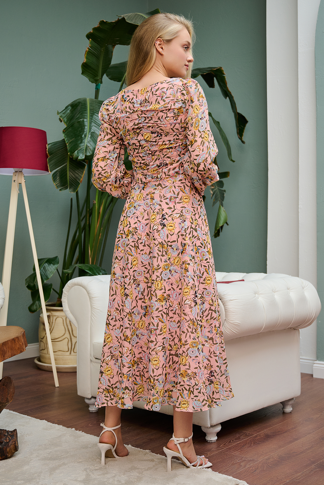 Pink Rose Floral Printed Chiffon Dress