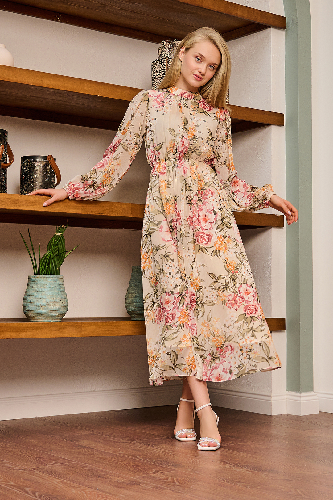 Off-White Mock Neck Chiffon Printed Balloon Sleeves Dress