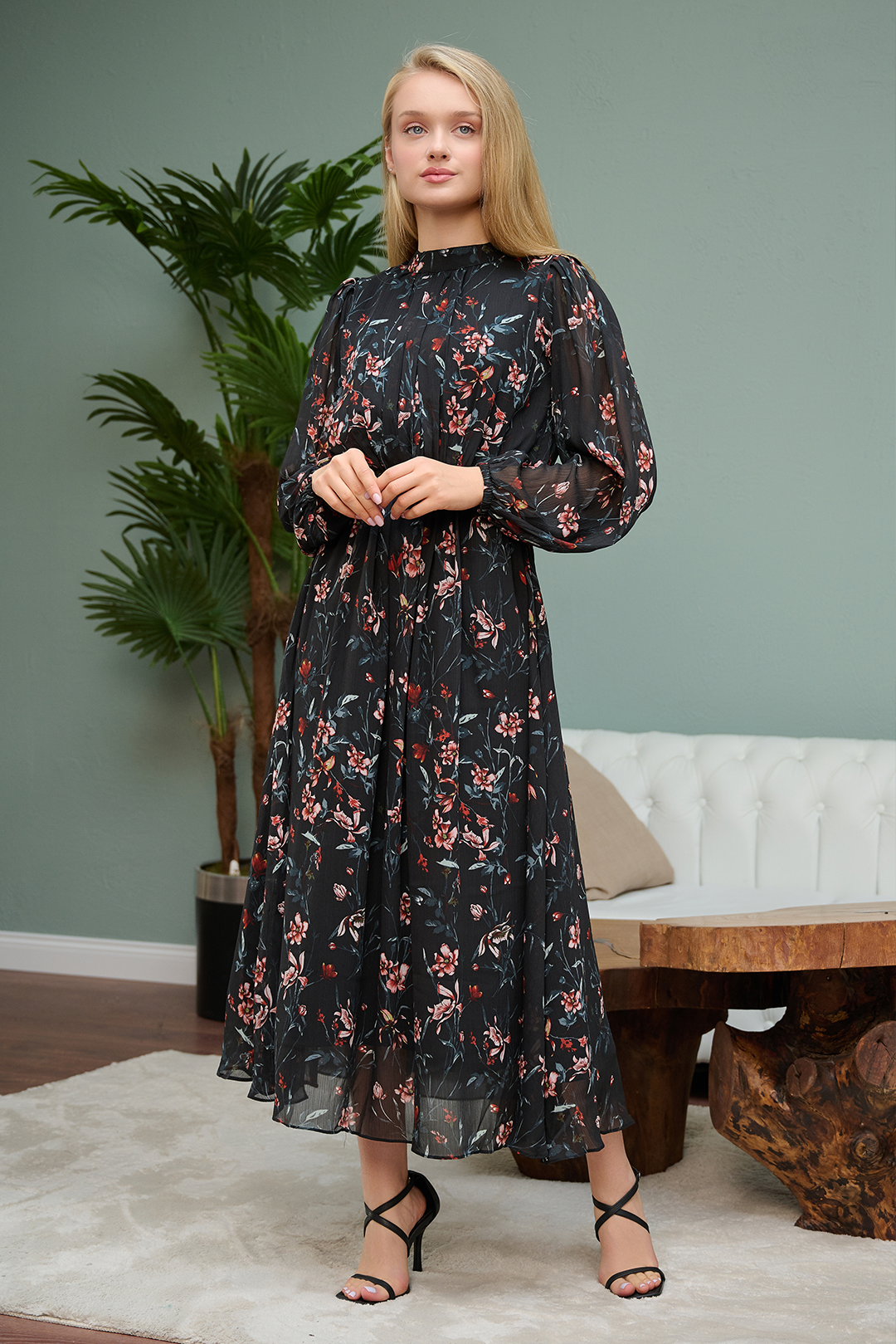 Black Mock Neck Chiffon Printed Balloon Sleeves Dress