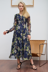 Blue Pleated Floral Printed Chiffon Maxi Dress