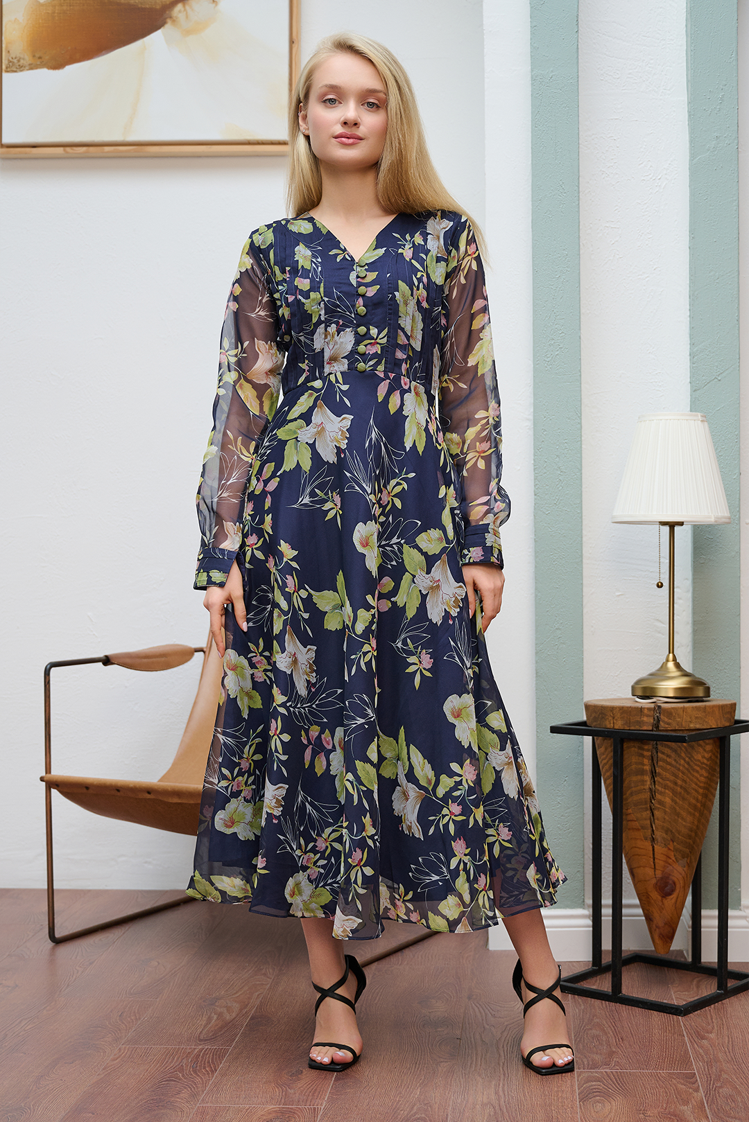 Blue Pleated Floral Printed Chiffon Maxi Dress
