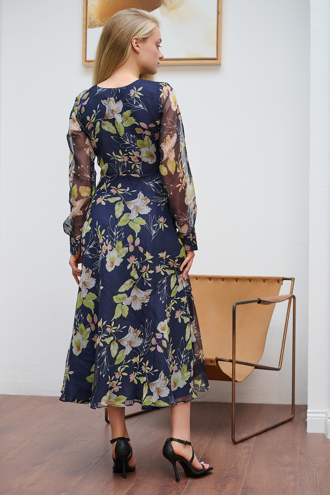 Blue Pleated Floral Printed Chiffon Maxi Dress
