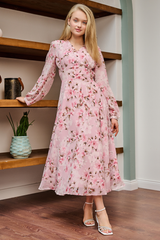 Pink Floral Flared Maxi Dress