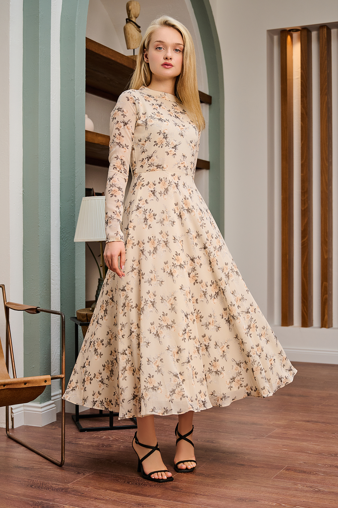 Skin Mock Neck Chiffon Printed Dress