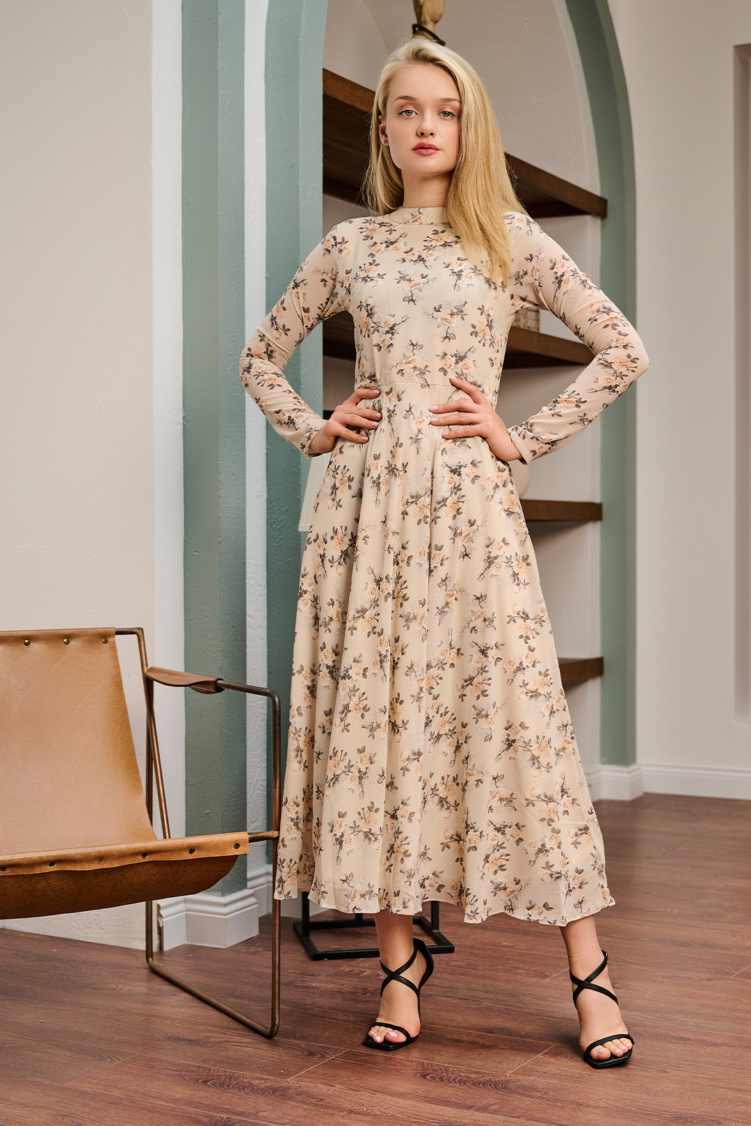 Skin Mock Neck Chiffon Printed Dress