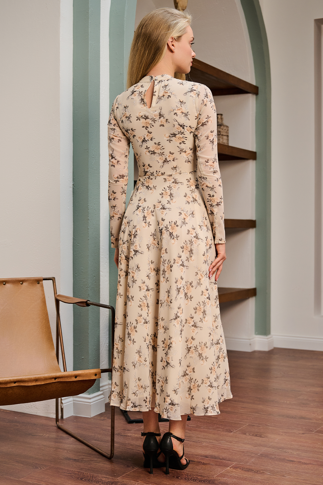 Skin Mock Neck Chiffon Printed Dress
