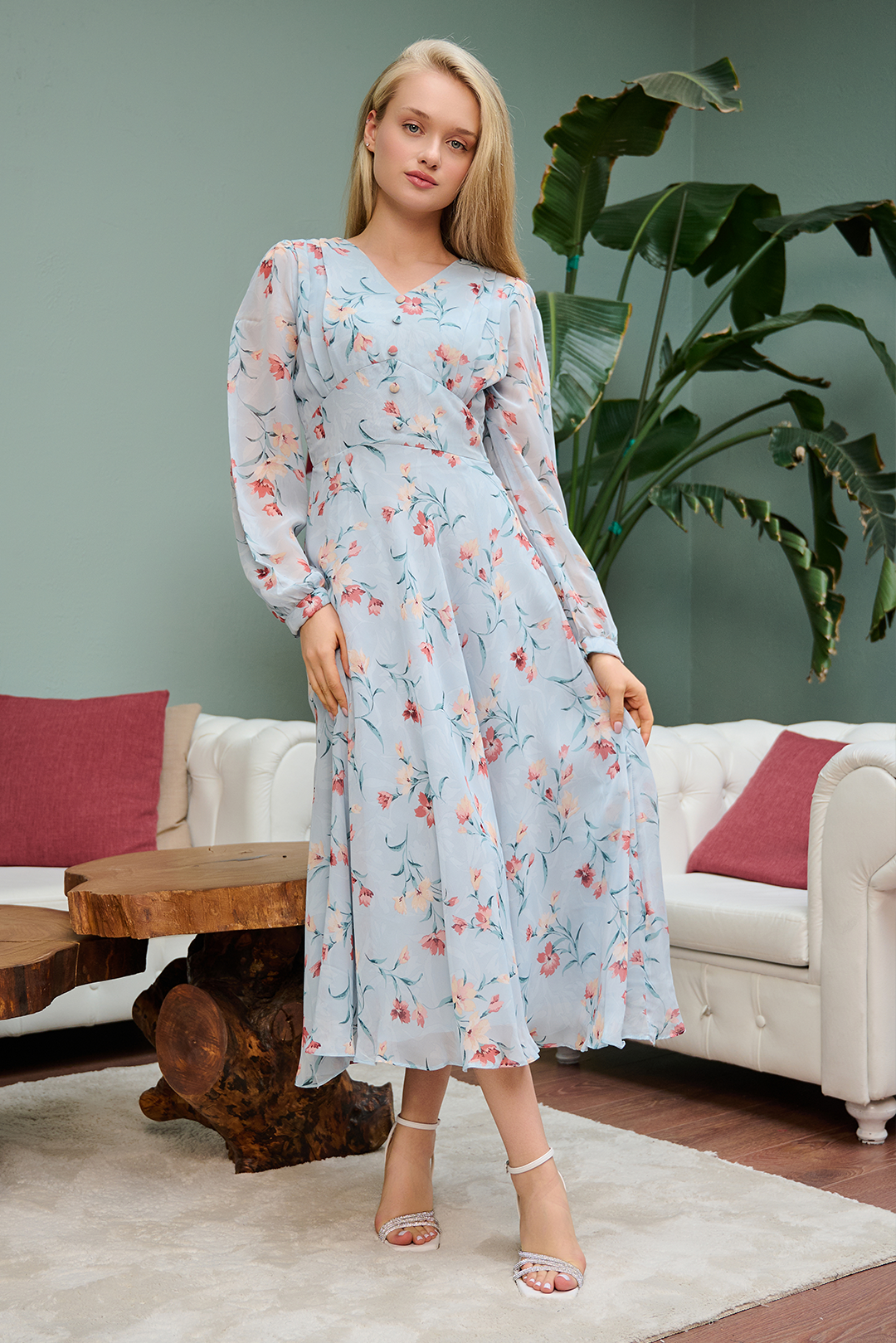 Pale Blue Floral Flared Maxi Dress