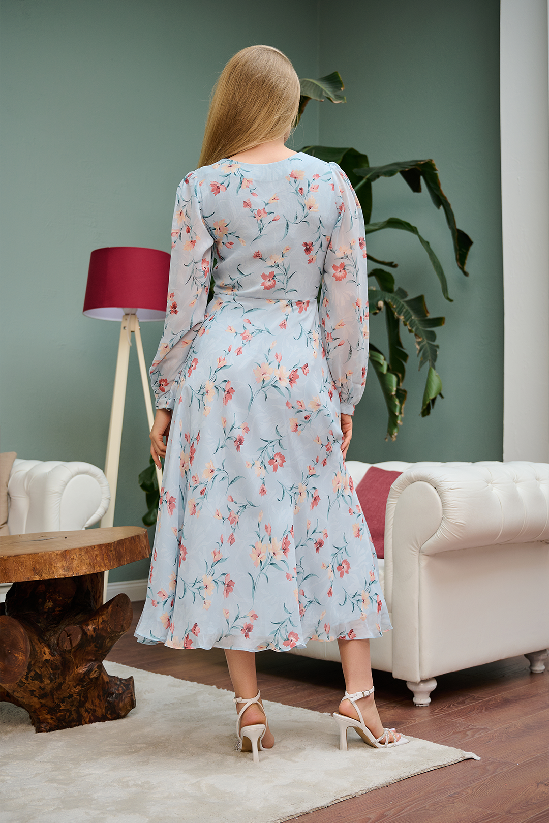 Pale Blue Floral Flared Maxi Dress