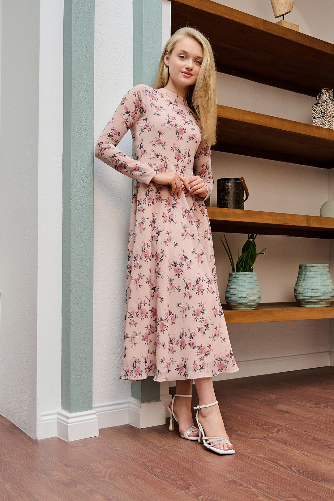 Pink Mock Neck Chiffon Printed Dress