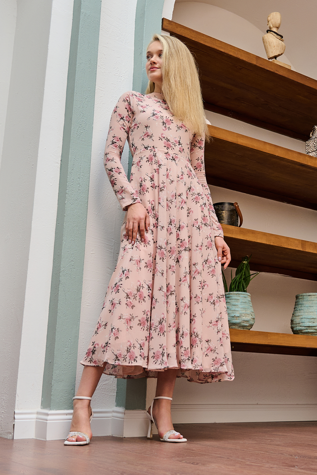 Pink Mock Neck Chiffon Printed Dress