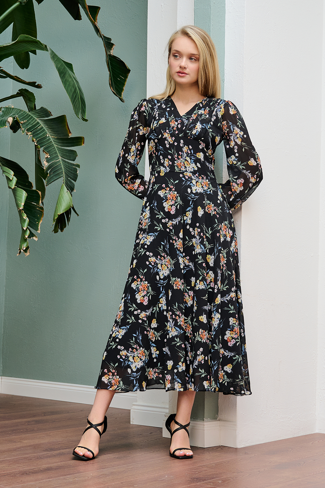 Black Floral Flared Maxi Dress