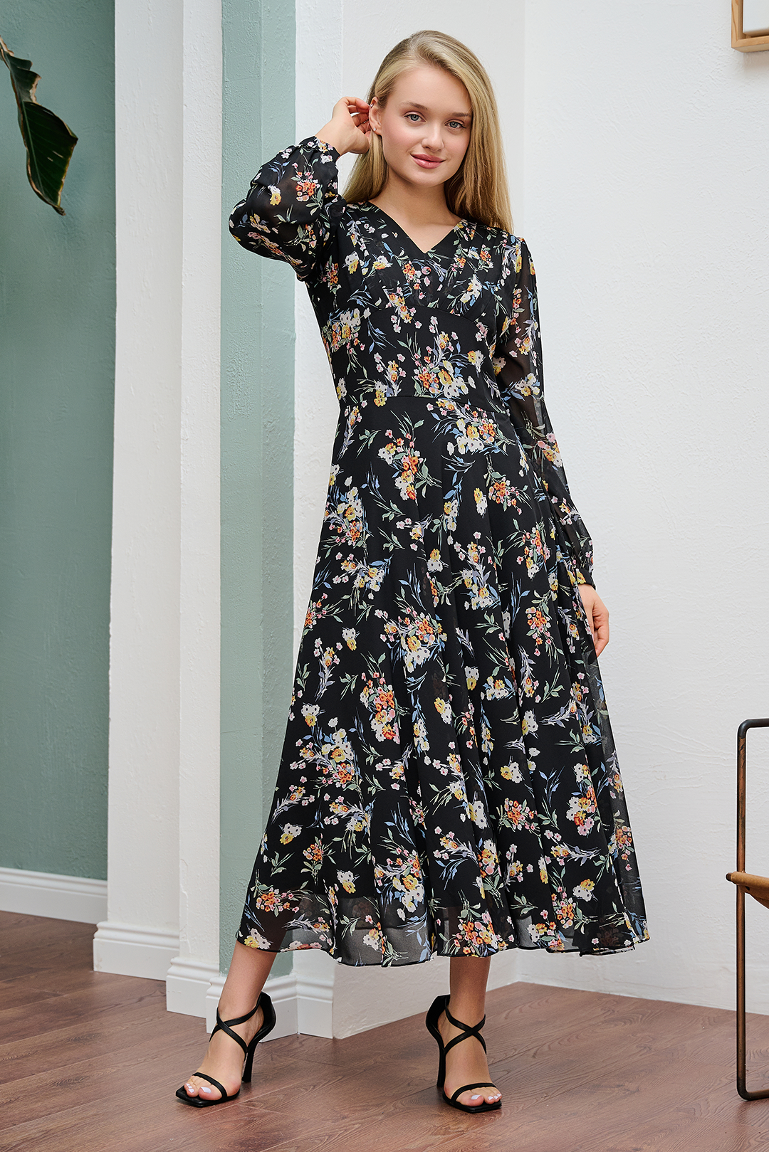 Black Floral Flared Maxi Dress