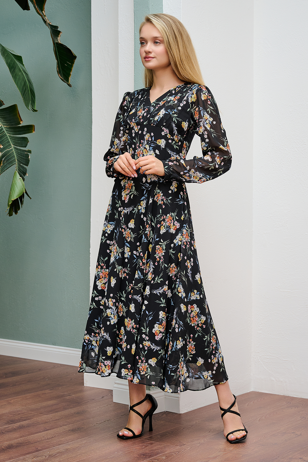 Black Floral Flared Maxi Dress
