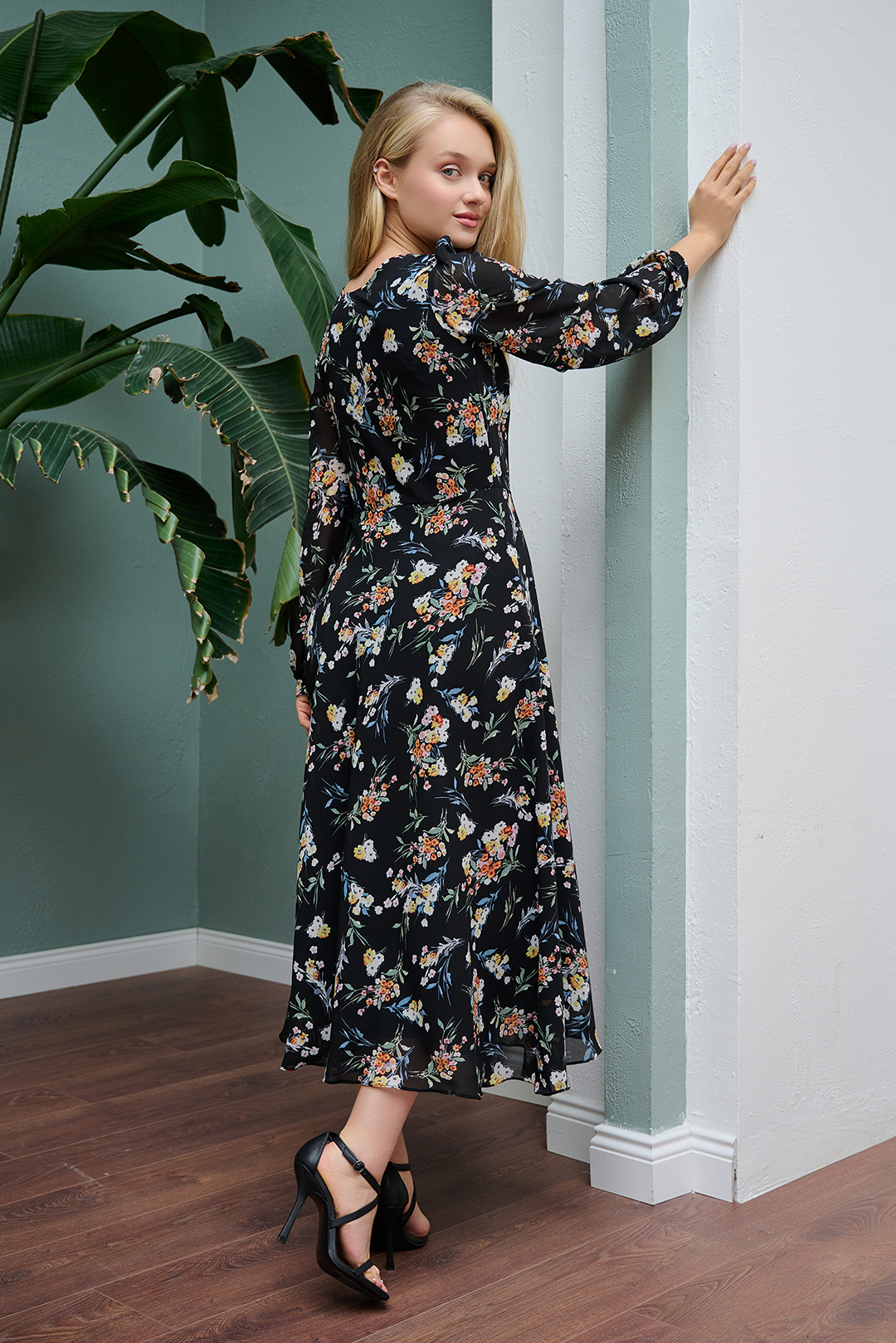 Black Floral Flared Maxi Dress